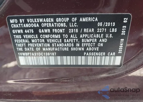 2013 Volkswagen Passat 2.5L Se из США, поврежденный, VIN 1VWBP7A31DC139187